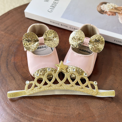 2pcs Baby Girls Mary Jane Flat Shoes With Flower Decor & Crown Headband, Princess Dress Crib Shoes First Walker Shoes For Newborn Infant