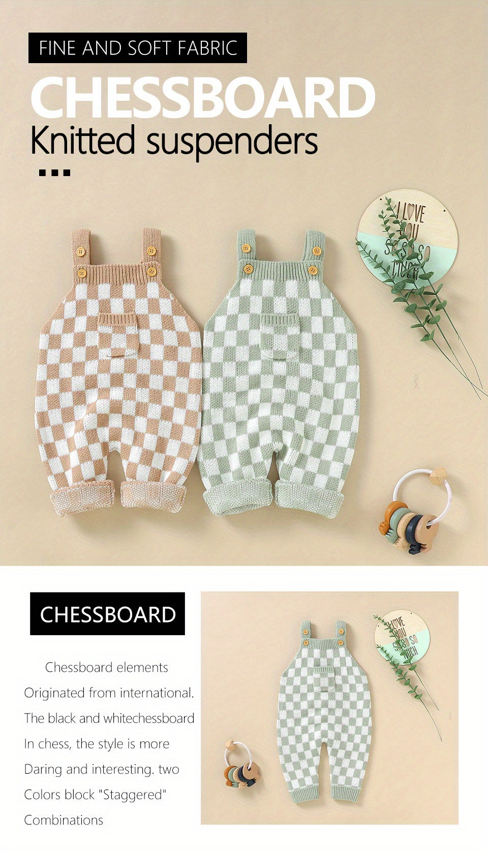 Cozy Baby Plaid Knitted Long Overall Pants - Soft Medium Stretch Acrylic Fabric, Square Neck, Elastic Casual Suspender Jumpsuit with Adorable Small Pocket, Regular Fit, All-Season Wear, No Inner Wear Required