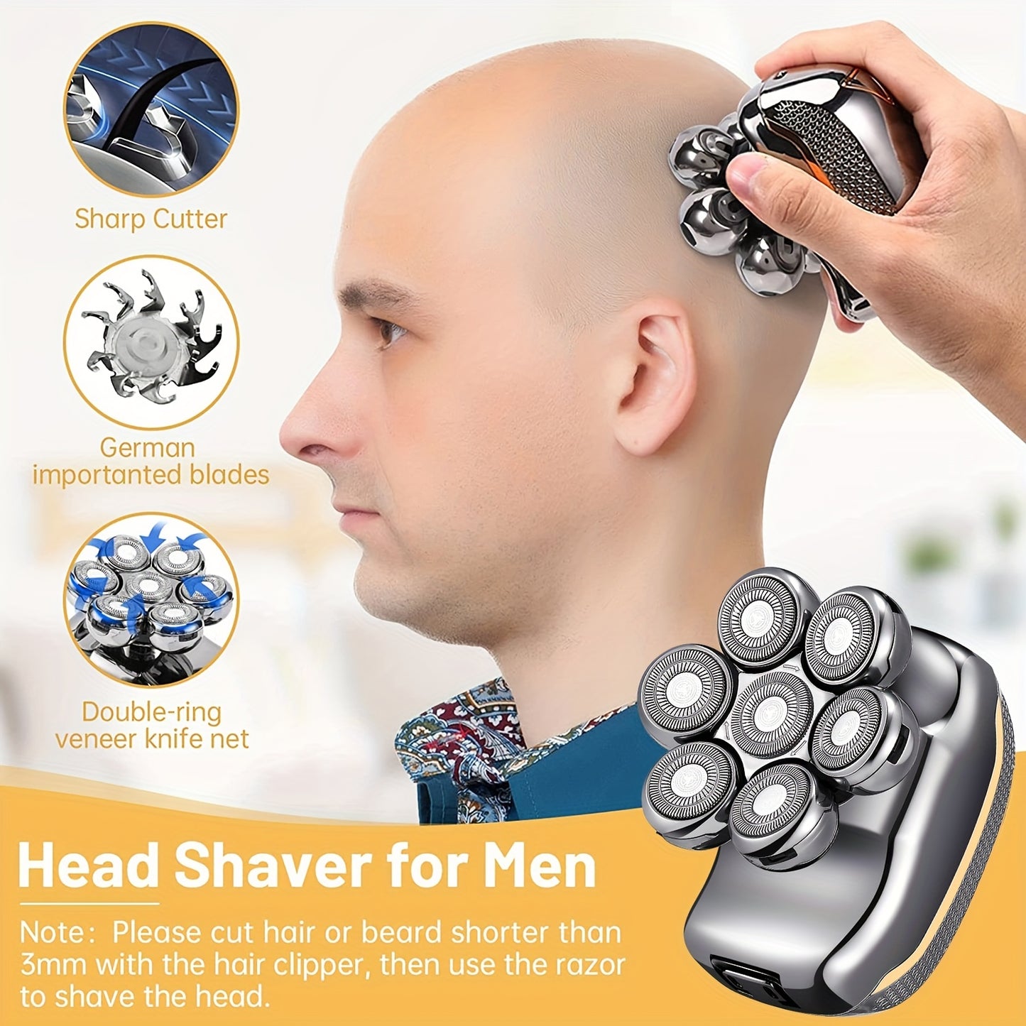 [Rechargeable Shaver Razor] 6 In 1 Rechargeable Men's Electronic Head Shaver Razor - Wet Dry Beard Trimmer Body Hair Cutting Clipper Grooming Kit 7 Rotary Heads