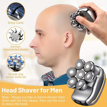[Rechargeable Shaver Razor] 6 In 1 Rechargeable Men's Electronic Head Shaver Razor - Wet Dry Beard Trimmer Body Hair Cutting Clipper Grooming Kit 7 Rotary Heads