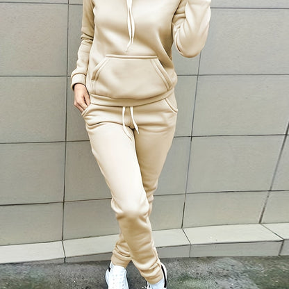 Women'S Casual Polyester Hooded Sweatshirt and Pants Set, Solid Color Long Sleeve Pullover with Pocket Detail, 100% Polyester Knit Fabric, Fall/Winter Sportswear
