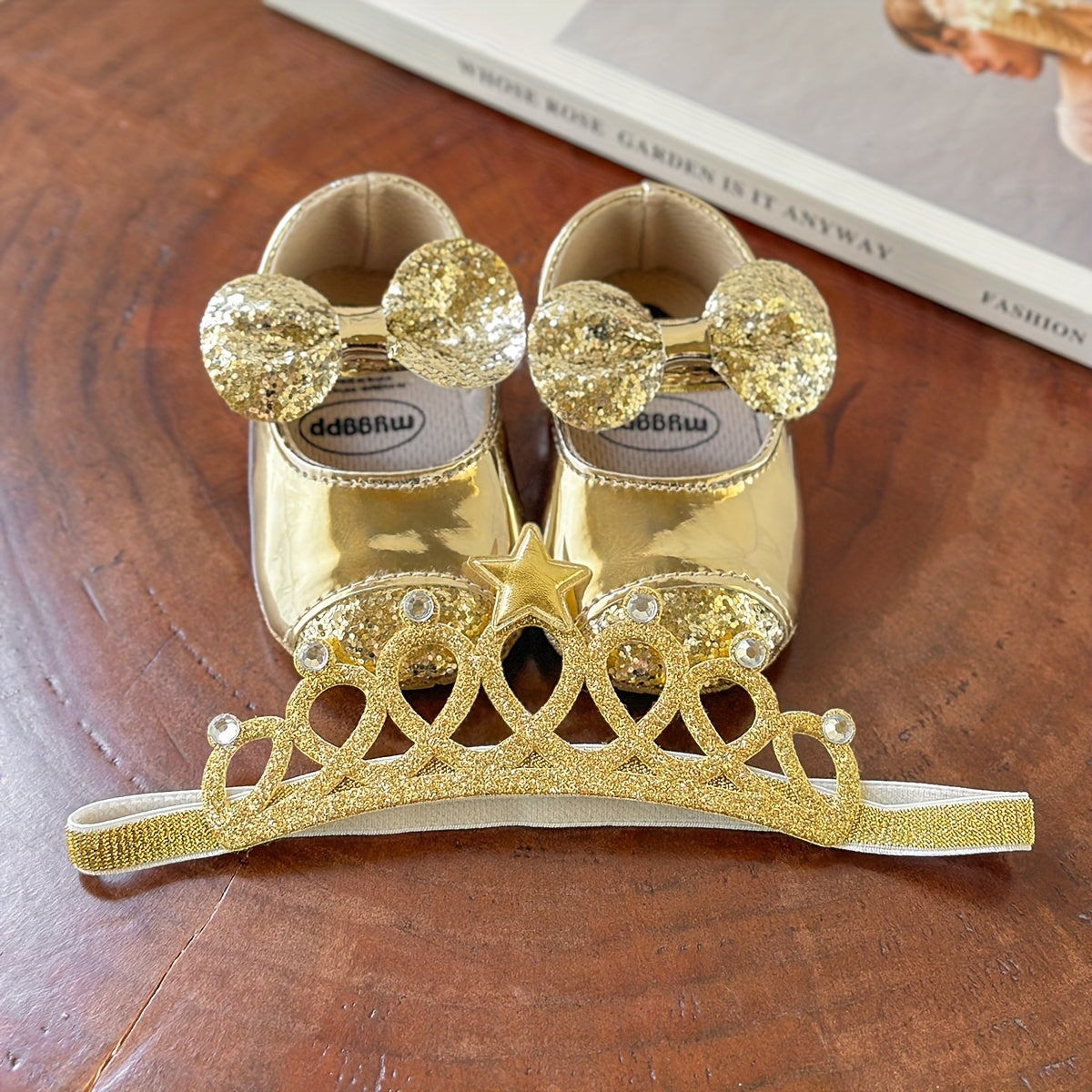 2pcs Baby Girls Mary Jane Flat Shoes With Flower Decor & Crown Headband, Princess Dress Crib Shoes First Walker Shoes For Newborn Infant