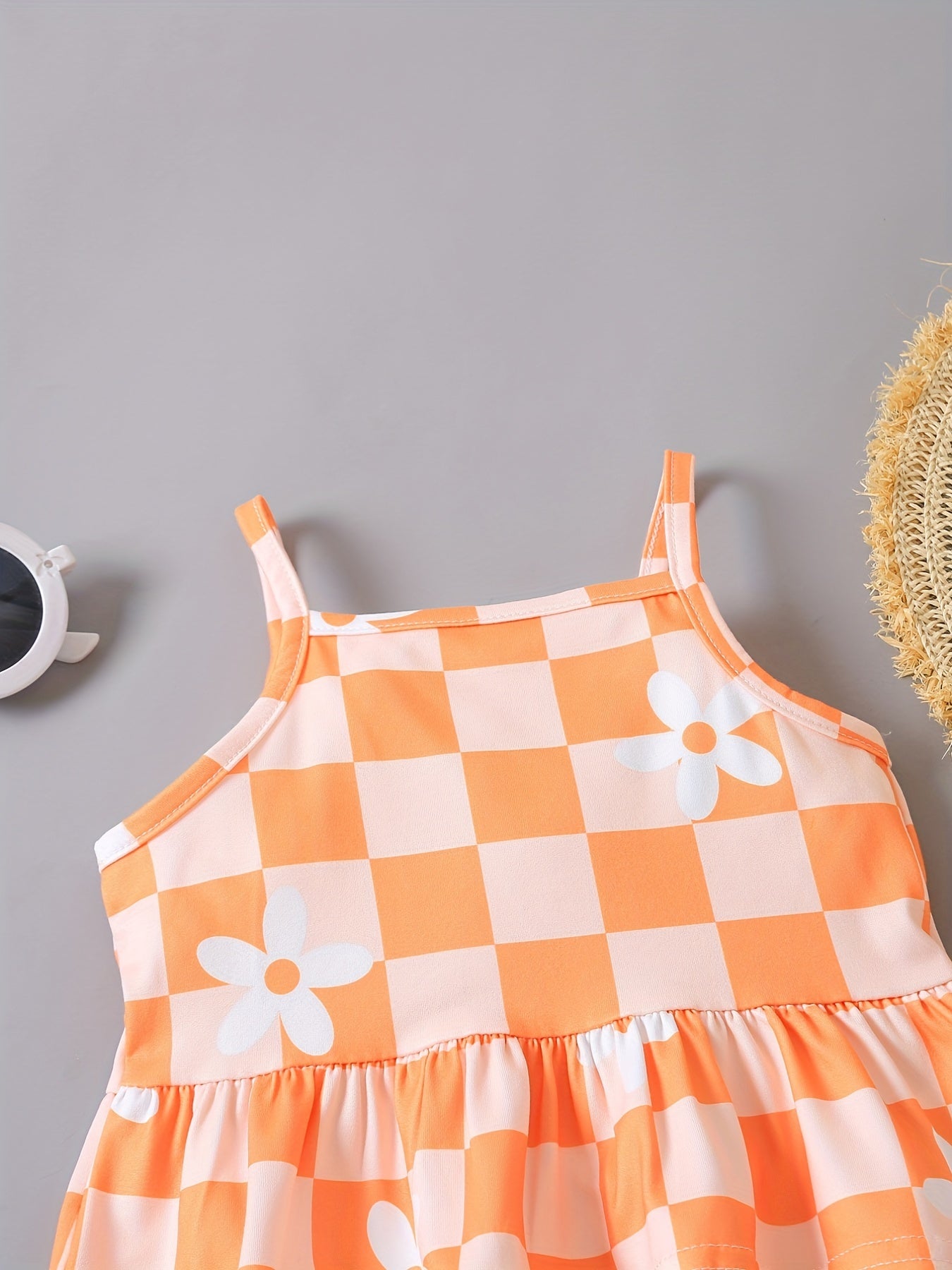 2pcs Adorable Baby Girls Floral Plaid Cami Tops & Flare Pants Set - Soft Medium Stretch Fabric, Ruffle Details, Sleeveless, Casual Style - Perfect for Spring/Summer Season