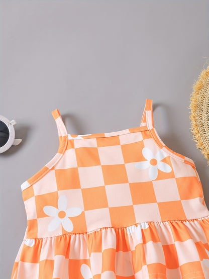 2pcs Adorable Baby Girls Floral Plaid Cami Tops & Flare Pants Set - Soft Medium Stretch Fabric, Ruffle Details, Sleeveless, Casual Style - Perfect for Spring/Summer Season