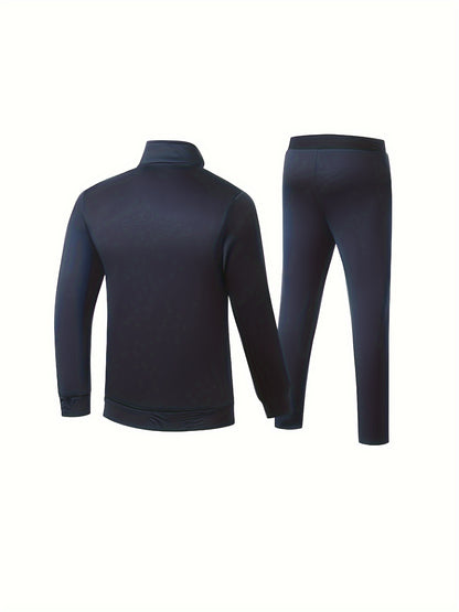 2pcs Embroidered Stand Collar Zip Up Jacket & Elastic Waist Drawstring Pants - Men's Sportswear Set for Outdoor Activities