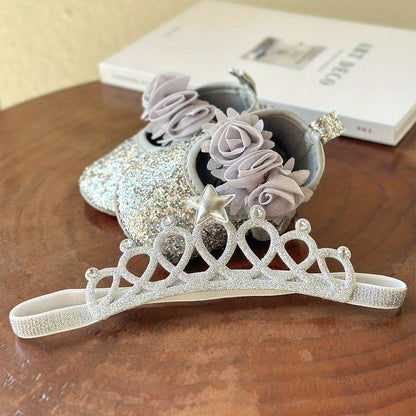 2pcs Baby Girls Mary Jane Flat Shoes With Flower Decor & Crown Headband, Princess Dress Crib Shoes First Walker Shoes For Newborn Infant