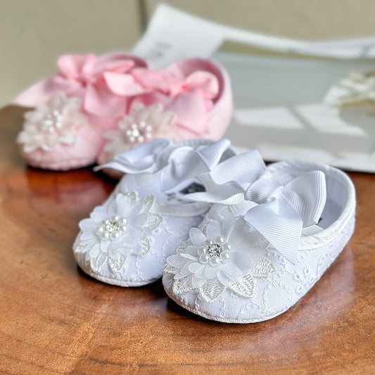 Baby Girls Mary Jane Flat Shoes With Flower Decor Soft Comfy Crib Shoes First Walker Shoes For Newborn Infant, Spring And Summer