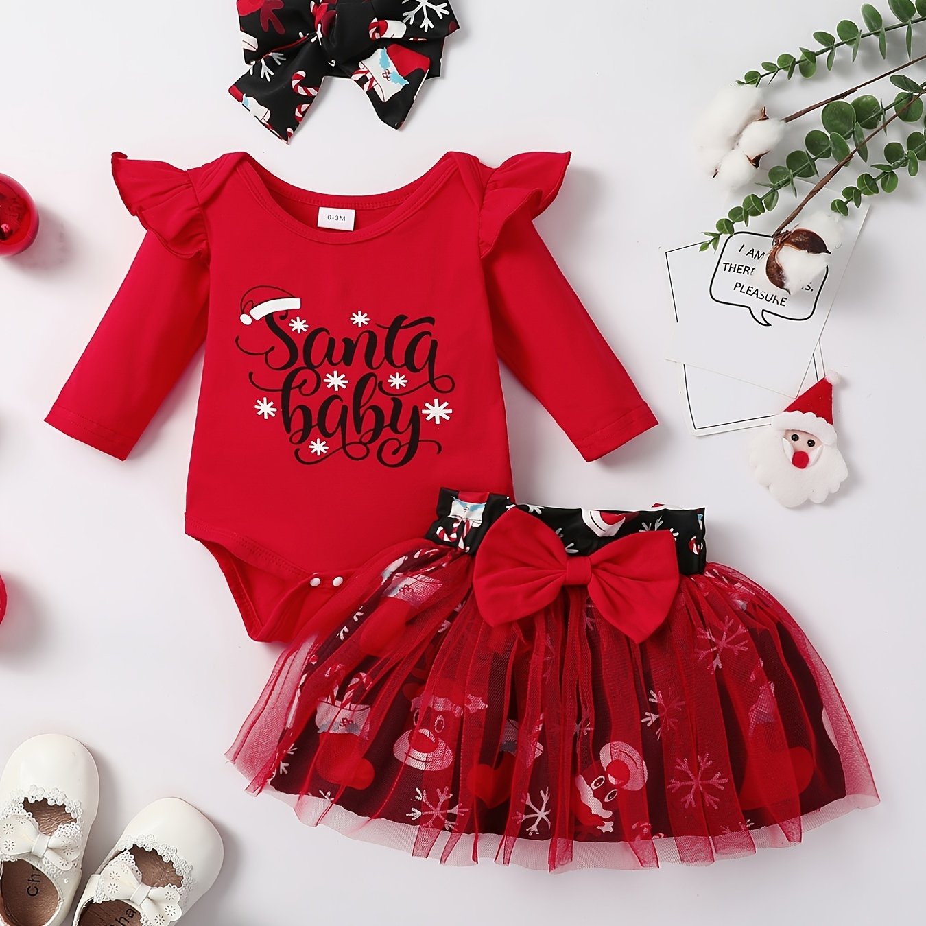 Baby Girls Adorable Christmas Outfit Infant Long Sleeve Romper & Snowman Print Tulle Dresses Set Festival Party Dress Up