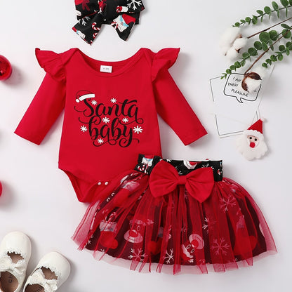 Baby Girls Adorable Christmas Outfit Infant Long Sleeve Romper & Snowman Print Tulle Dresses Set Festival Party Dress Up