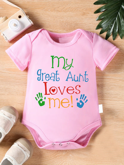 My Great Aunt Loves Me" Letter Print Newborn Baby Romper with Short Sleeves and Cute Onesie for Kids, Perfect for Outdoor