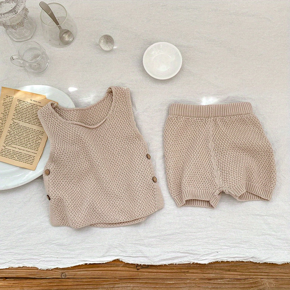 2pcs Baby Infant Girls Casual Plain Color Knit Tank Top & Shorts Set Clothes