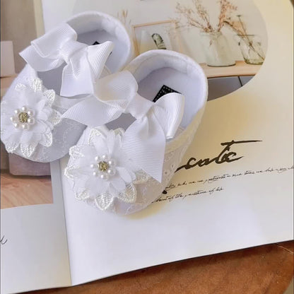 Baby Girls Mary Jane Flat Shoes With Flower Decor Soft Comfy Crib Shoes First Walker Shoes For Newborn Infant, Spring And Summer