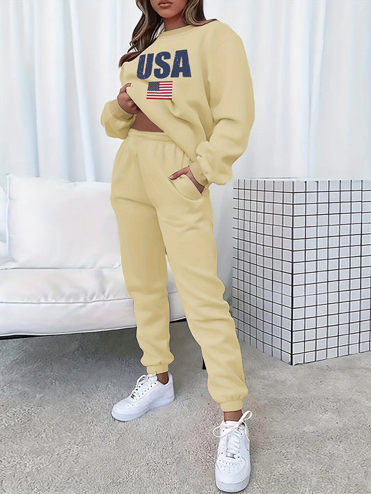 Autumn And Winter Women's Two-piece Set With American Flag Print, Casual Long Sleeved Sportswear And Pants, Women's Clothing