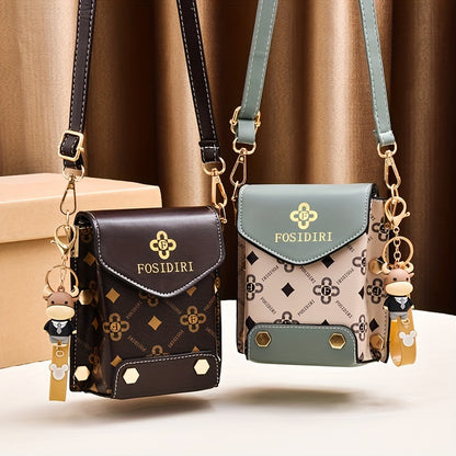 Chic Retro Mini Phone Purse - Fashionable Flap Crossbody with Adjustable Strap, Eye-Popping Letter Prints, and Glamorous Studs - Compact Square Shape for Womens Everyday Chic