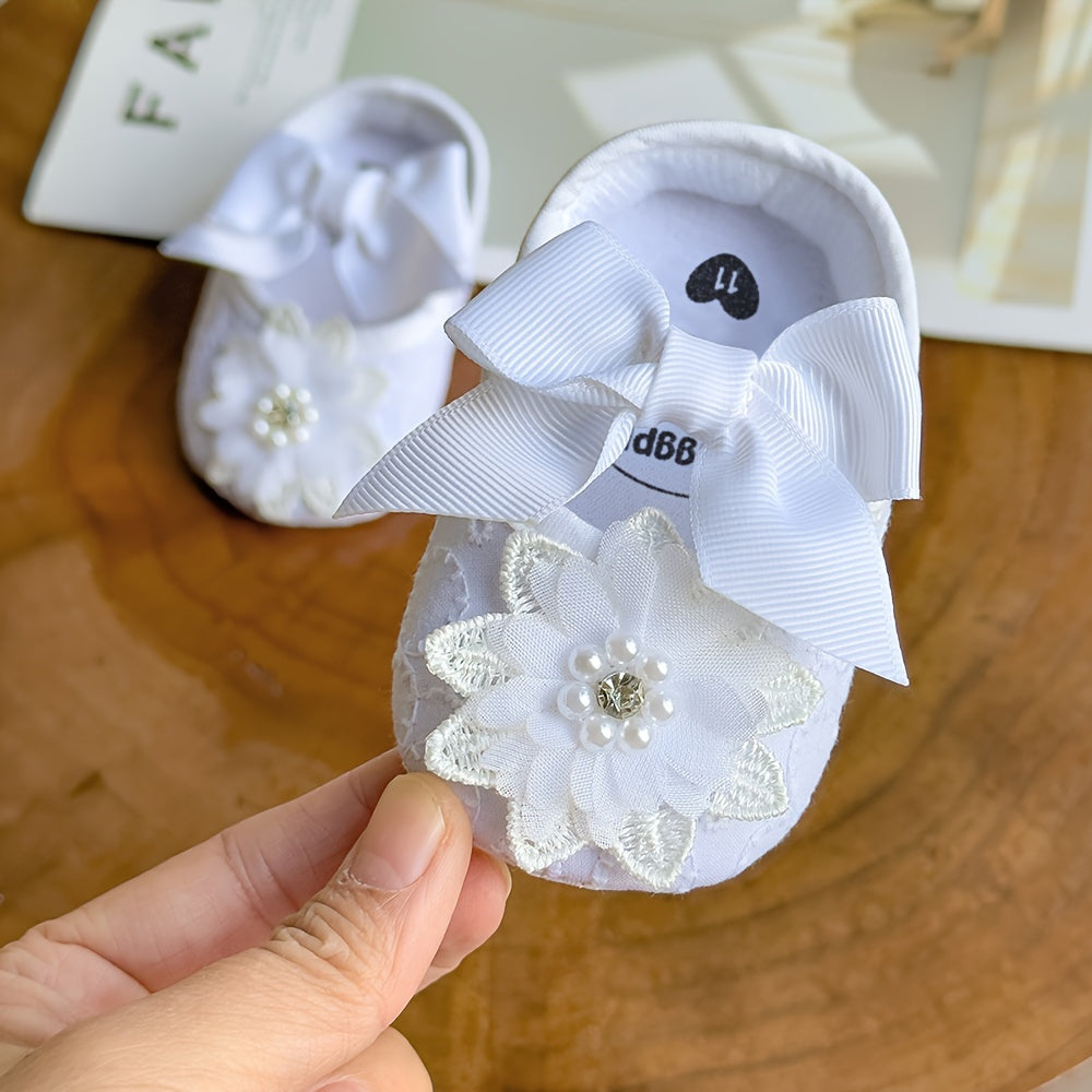 Baby Girls Mary Jane Flat Shoes With Flower Decor Soft Comfy Crib Shoes First Walker Shoes For Newborn Infant, Spring And Summer