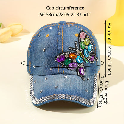 Dazzling Butterfly Rhinestone Baseball Cap - Womens UV Protection Denim Trucker Hat - Soft Washed, Fashionable for Outdoor Adventures & Music Festivals
