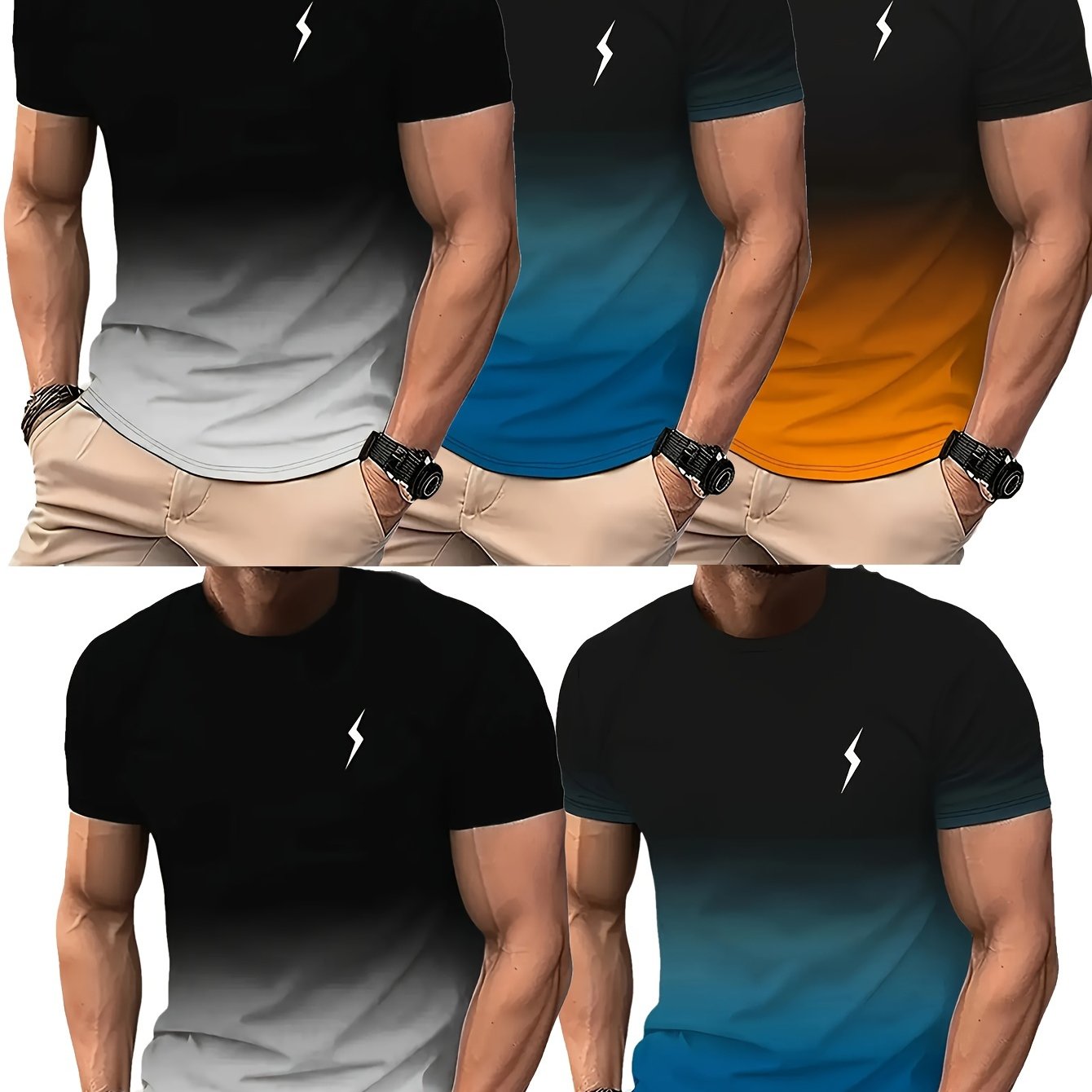 5-Pack Men's Polyester Athletic T-Shirts, Basic Crew Neck with Slight Stretch, Gradient Cool 3D Print Quick Dry Short Sleeve Fitness Tops, Knit Fabric Spring/Summer Sportswear