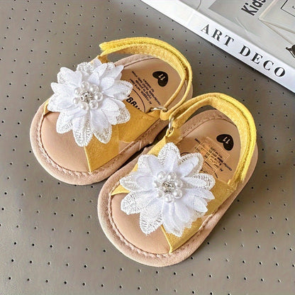 Baby Girls Flower Hook And Loop Sandals, Lightweight Non-Slip Comfy Walking Shoes For Newborn Infant, Summer