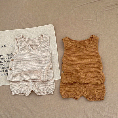 2pcs Baby Infant Girls Casual Plain Color Knit Tank Top & Shorts Set Clothes