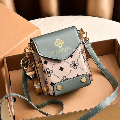 Chic Retro Mini Phone Purse - Fashionable Flap Crossbody with Adjustable Strap, Eye-Popping Letter Prints, and Glamorous Studs - Compact Square Shape for Womens Everyday Chic