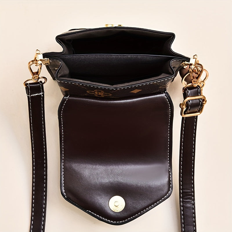 Chic Retro Mini Phone Purse - Fashionable Flap Crossbody with Adjustable Strap, Eye-Popping Letter Prints, and Glamorous Studs - Compact Square Shape for Womens Everyday Chic