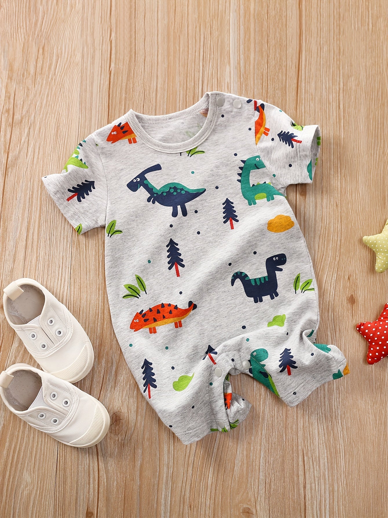 Baby Boys And Girls Cute Dinosaur Graphic Print Cotton Short Sleeve Romper Jumpsuit Clothes