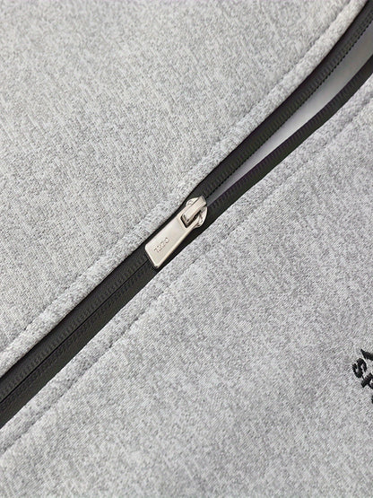 2pcs Embroidered Stand Collar Zip Up Jacket & Elastic Waist Drawstring Pants - Men's Sportswear Set for Outdoor Activities