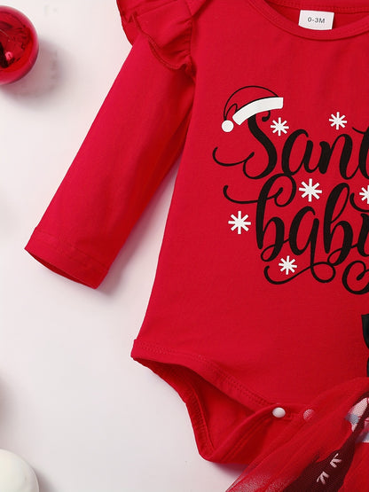 Baby Girls Adorable Christmas Outfit Infant Long Sleeve Romper & Snowman Print Tulle Dresses Set Festival Party Dress Up