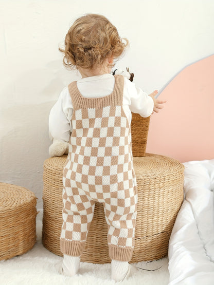 Cozy Baby Plaid Knitted Long Overall Pants - Soft Medium Stretch Acrylic Fabric, Square Neck, Elastic Casual Suspender Jumpsuit with Adorable Small Pocket, Regular Fit, All-Season Wear, No Inner Wear Required