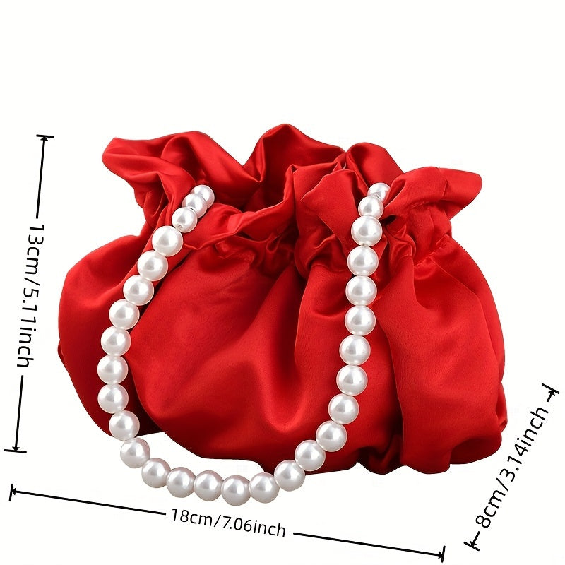 Cute Mini Drawstring Pearl Bucket Clutch - Elegant Women's Classic Banquet Handbag & Purse with Decorative Pearl Accents, Soft Fabric, and Adjustable Strap