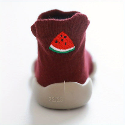 Infant Baby Girls Cute Cartoon Fruit Embroidery Lightweight High Top Sock Shoes, Toddlers Outdoor Comfortable Non-slip Soft Sole Slip On Floor Shoes