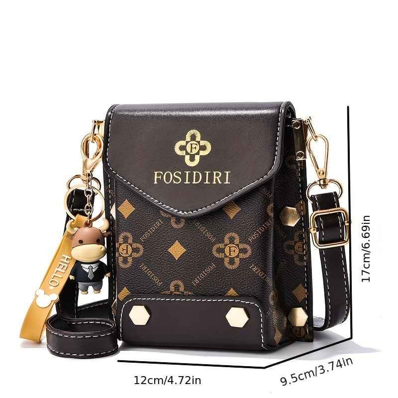 Chic Retro Mini Phone Purse - Fashionable Flap Crossbody with Adjustable Strap, Eye-Popping Letter Prints, and Glamorous Studs - Compact Square Shape for Womens Everyday Chic