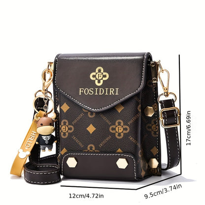 Chic Retro Mini Phone Purse - Fashionable Flap Crossbody with Adjustable Strap, Eye-Popping Letter Prints, and Glamorous Studs - Compact Square Shape for Womens Everyday Chic