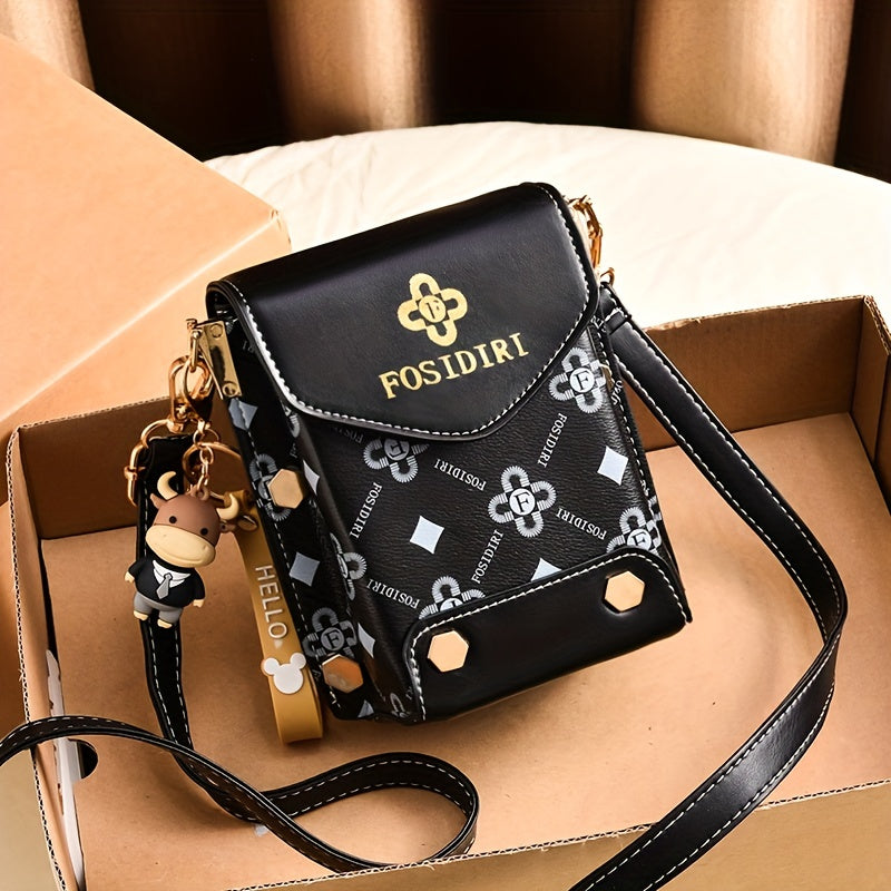 Chic Retro Mini Phone Purse - Fashionable Flap Crossbody with Adjustable Strap, Eye-Popping Letter Prints, and Glamorous Studs - Compact Square Shape for Womens Everyday Chic