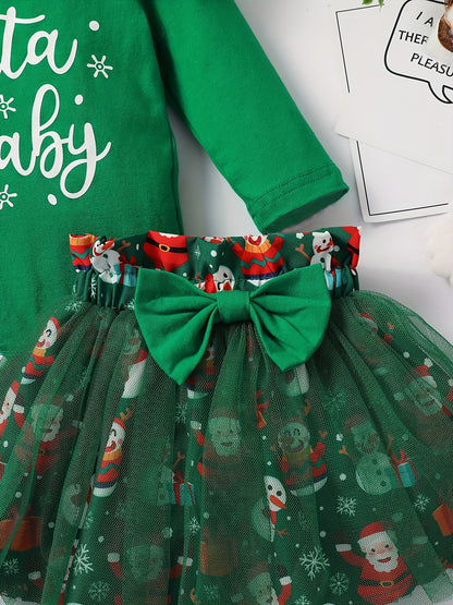 Baby Girls Adorable Christmas Outfit Infant Long Sleeve Romper & Snowman Print Tulle Dresses Set Festival Party Dress Up