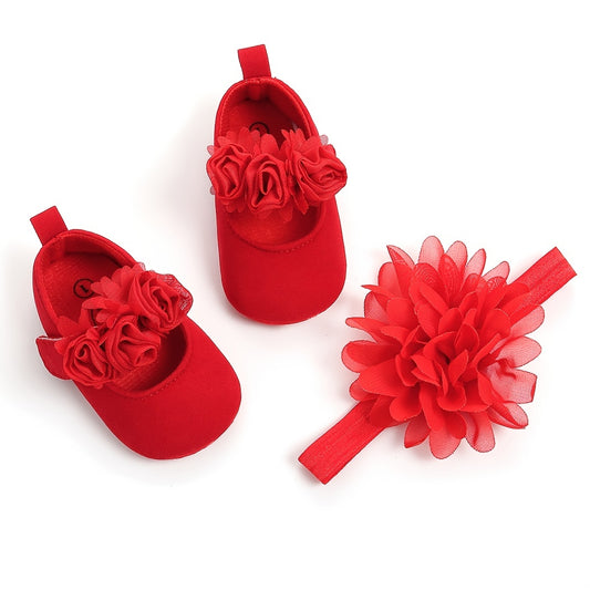 Baby Girls Mary Jane Flat Shoes With Floral Decor & Headband, Princess Wedding Crib Shoes For Infant Newborn First Walkers Prewalkers