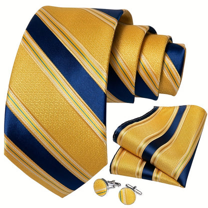 Classic Striped Tie Set For Men Blue Yellow Ties Trendy Woven Necktie Hanky Cufflinks Set Business Tie, Ideal choice for Gifts