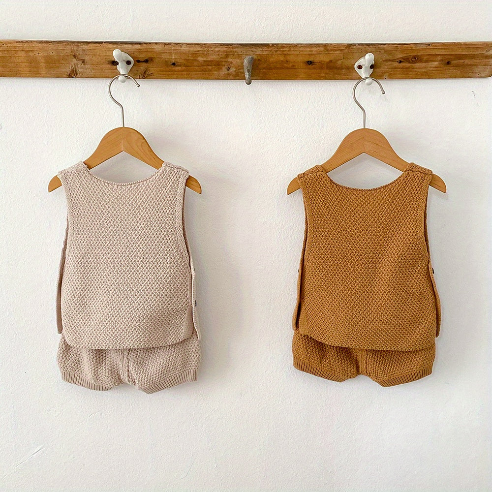 2pcs Baby Infant Girls Casual Plain Color Knit Tank Top & Shorts Set Clothes