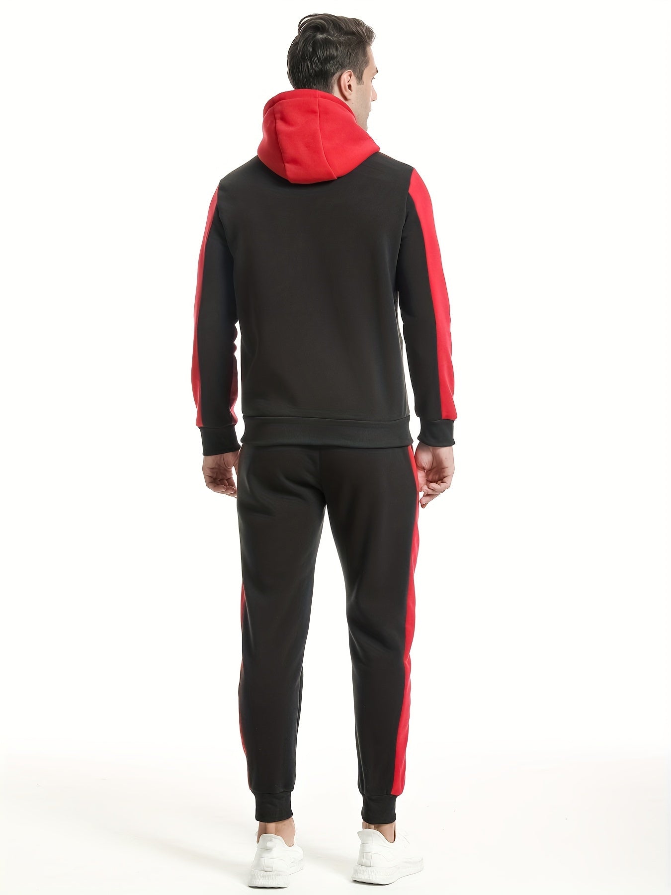 Two-Piece Color Block Men's Casual Sportswear Hoodie Set, Zip-Up Drawstring Jogging Suit For All Seasons