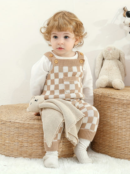 Cozy Baby Plaid Knitted Long Overall Pants - Soft Medium Stretch Acrylic Fabric, Square Neck, Elastic Casual Suspender Jumpsuit with Adorable Small Pocket, Regular Fit, All-Season Wear, No Inner Wear Required