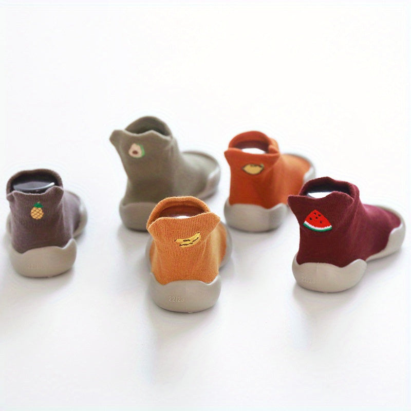 Infant Baby Girls Cute Cartoon Fruit Embroidery Lightweight High Top Sock Shoes, Toddlers Outdoor Comfortable Non-slip Soft Sole Slip On Floor Shoes