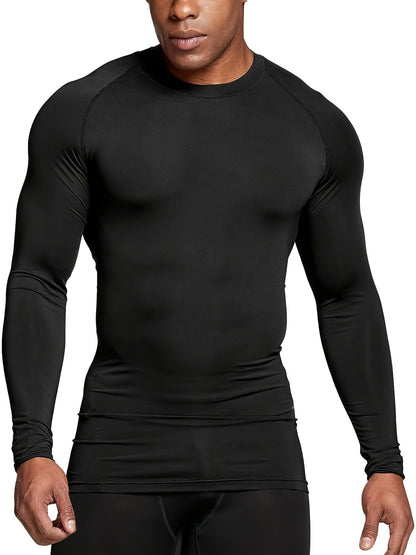 3-Pack Men's Plus Size Long Sleeve Compression Shirts, High-Stretch Polyester Blend, Athletic Crew Neck Sportswear Tops, UV Protection Moisture-Wicking Baselayer
