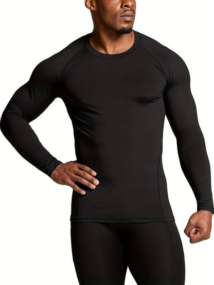 3-Pack Men's Plus Size Long Sleeve Compression Shirts, High-Stretch Polyester Blend, Athletic Crew Neck Sportswear Tops, UV Protection Moisture-Wicking Baselayer