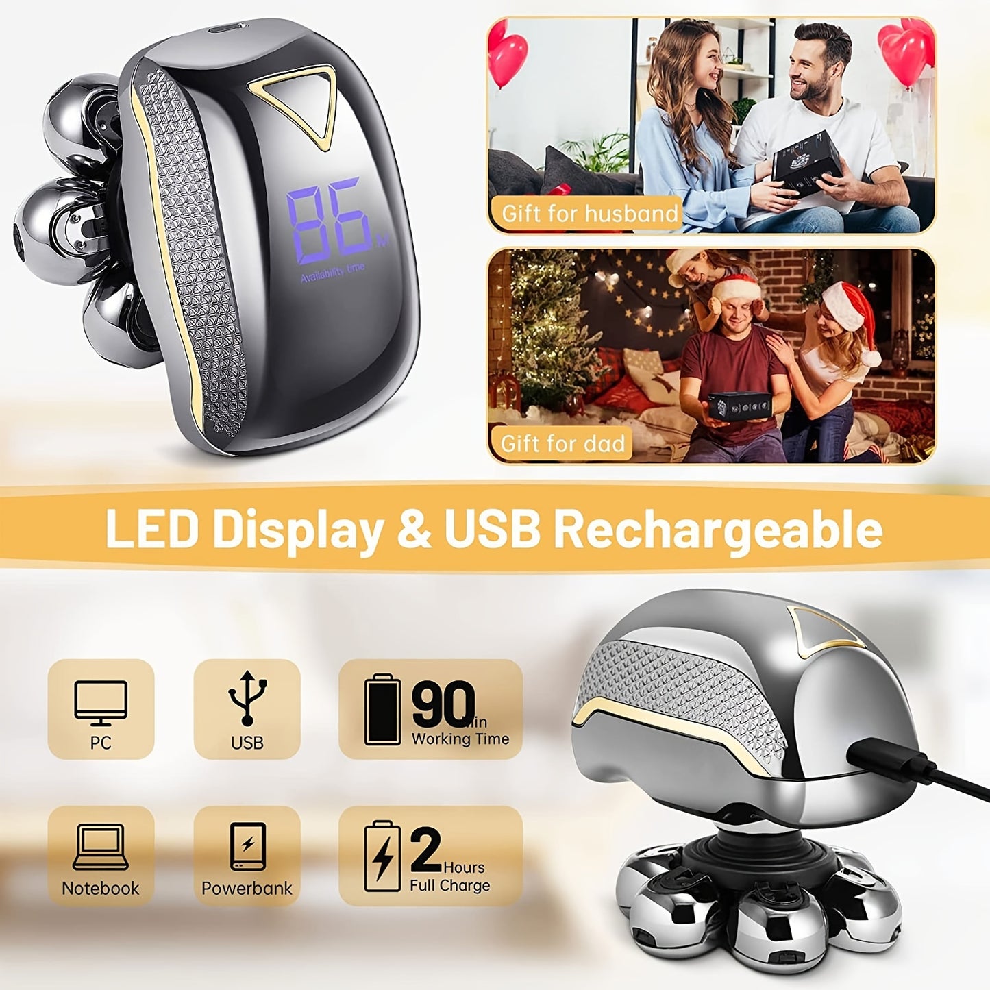[Rechargeable Shaver Razor] 6 In 1 Rechargeable Men's Electronic Head Shaver Razor - Wet Dry Beard Trimmer Body Hair Cutting Clipper Grooming Kit 7 Rotary Heads