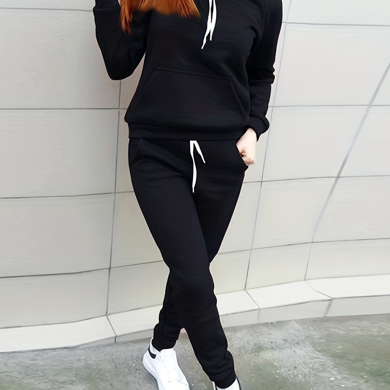 Women'S Casual Polyester Hooded Sweatshirt and Pants Set, Solid Color Long Sleeve Pullover with Pocket Detail, 100% Polyester Knit Fabric, Fall/Winter Sportswear