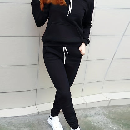 Women'S Casual Polyester Hooded Sweatshirt and Pants Set, Solid Color Long Sleeve Pullover with Pocket Detail, 100% Polyester Knit Fabric, Fall/Winter Sportswear