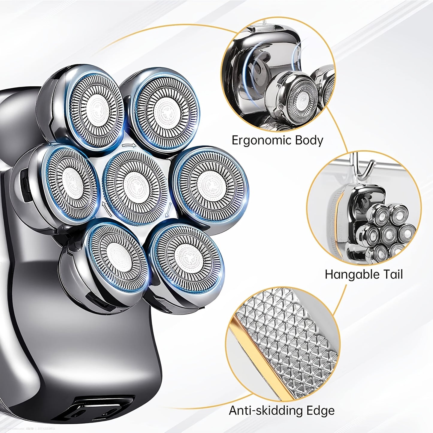 [Rechargeable Shaver Razor] 6 In 1 Rechargeable Men's Electronic Head Shaver Razor - Wet Dry Beard Trimmer Body Hair Cutting Clipper Grooming Kit 7 Rotary Heads