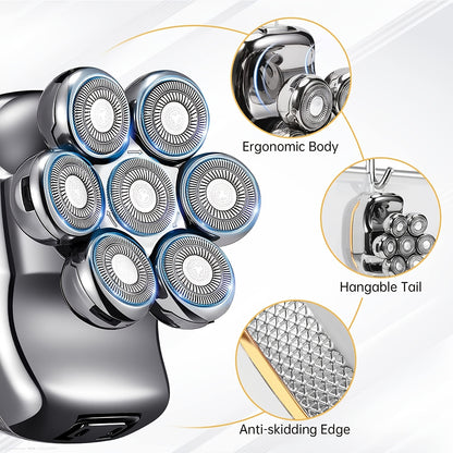 [Rechargeable Shaver Razor] 6 In 1 Rechargeable Men's Electronic Head Shaver Razor - Wet Dry Beard Trimmer Body Hair Cutting Clipper Grooming Kit 7 Rotary Heads