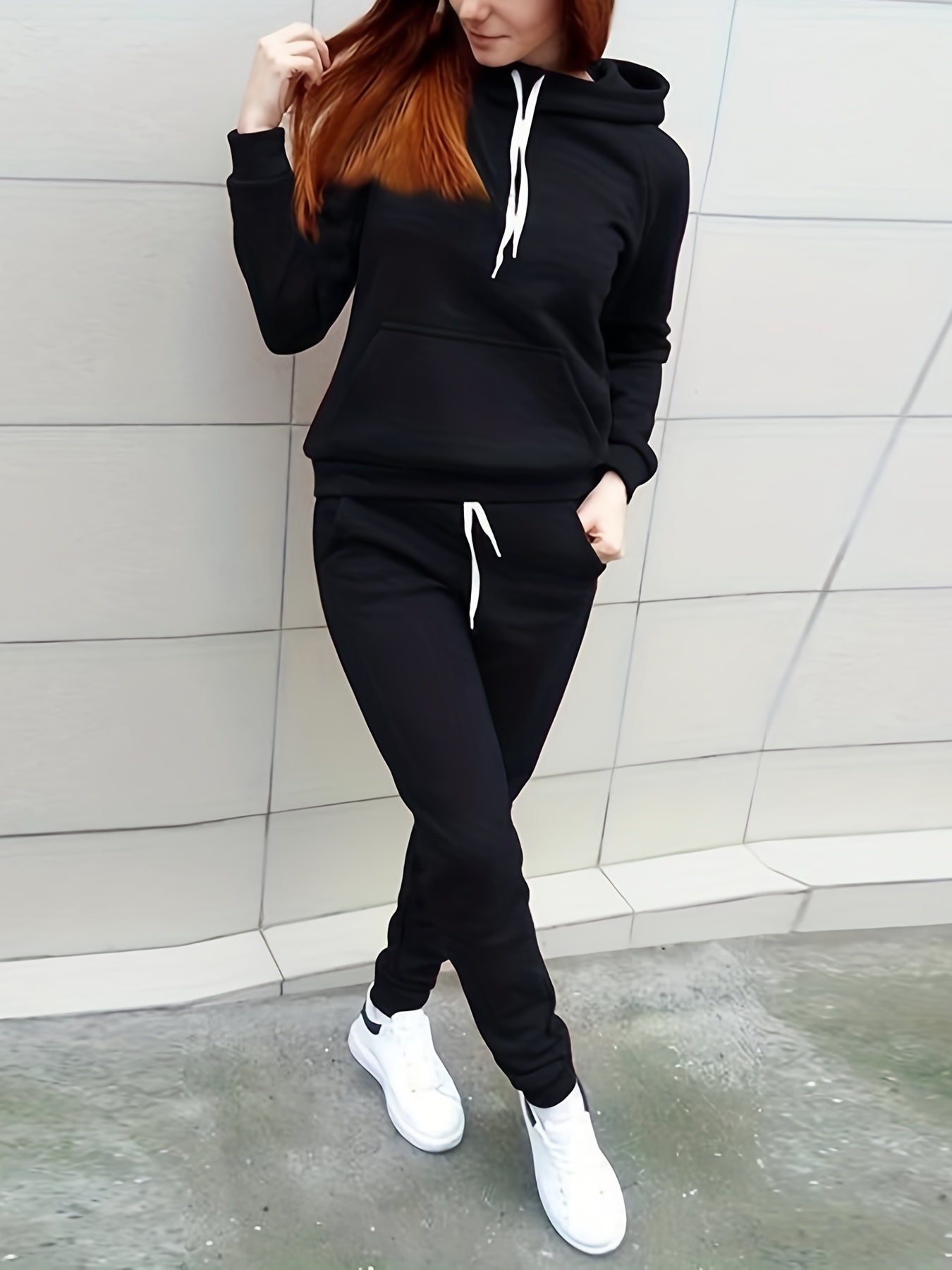 Women'S Casual Polyester Hooded Sweatshirt and Pants Set, Solid Color Long Sleeve Pullover with Pocket Detail, 100% Polyester Knit Fabric, Fall/Winter Sportswear