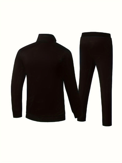 2pcs Embroidered Stand Collar Zip Up Jacket & Elastic Waist Drawstring Pants - Men's Sportswear Set for Outdoor Activities